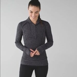 Lululemon Think Fast Pullover Heathered Herringbone Grey Black Thumbholes Size 4